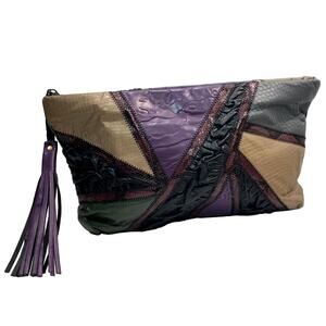 Vintage Patchwork Leather Clutch w/ Tassel | Multicolor Oversized Statement Bag